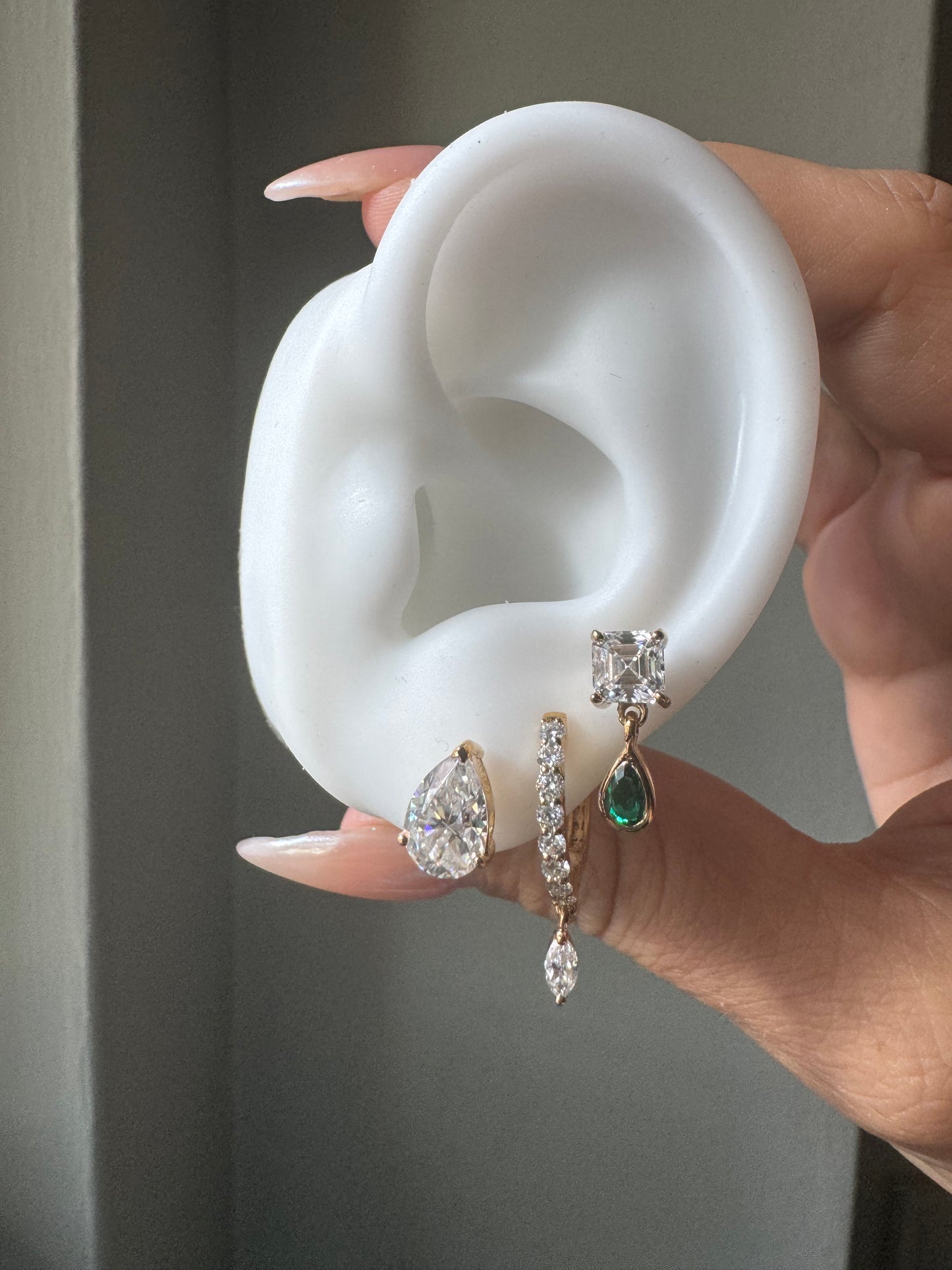 Dietrich Asscher Moissanite & Lab Emerald Drop Gold